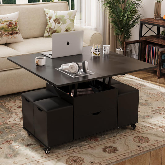 VOWNER Couchtisch Höhenverstellbar 3-in-1 mit 4 Hockern