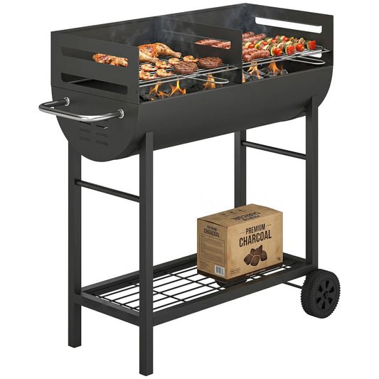 Outsunny Holzkohlegrill mit 2 Grillzonen & Grillwagen – Schwarz