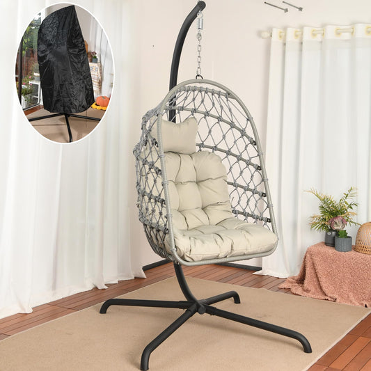LKINBO Polyrattan Hängesessel mit Gestell bis 195 kg – Grau