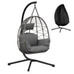 Rattan Hängesessel mit Metallgestell bis 150 kg – Outdoor Grau